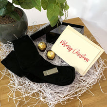 Load image into Gallery viewer, Black Personalised gift box, black bamboo socks, stainless steel money clip, ferrero rocher chocolates, personalised christmas card