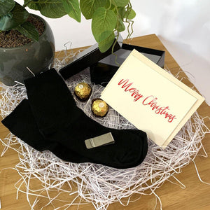 Black Personalised gift box, black bamboo socks, stainless steel money clip, ferrero rocher chocolates, personalised christmas card
