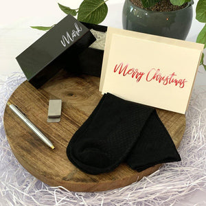Personalised black gift box, black bamboo socks, Stainless steel Money clip, Stainless steel two toned pen, personalised Christmas Card
