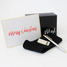 Load image into Gallery viewer, Personalised black gift box, black bamboo socks, Stainless steel Money clip, Stainless steel two toned pen, personalised Christmas Card