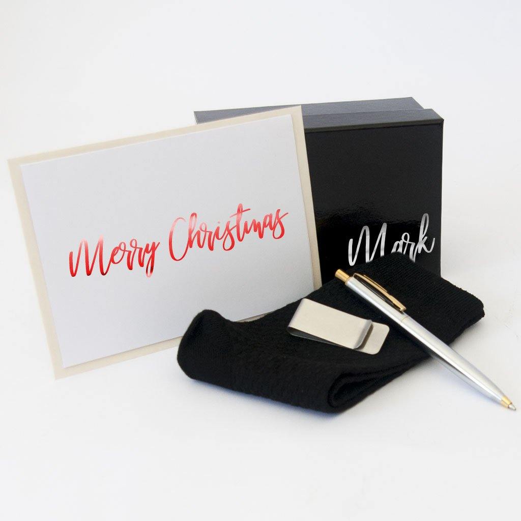 Personalised black gift box, black bamboo socks, Stainless steel Money clip, Stainless steel two toned pen, personalised Christmas Card