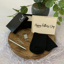 Load image into Gallery viewer, Personalised Black Gift Box, black bamboo socks, two toned ball point pen, Stainless steel Money clip, Dad key ring, Personalised Greeting Card