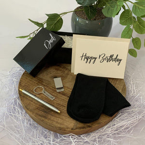 Personalised Black Gift Box, Black bamboo socks, sterling silver money clip, dad key ring, Stainless steel two toned ball poin pen