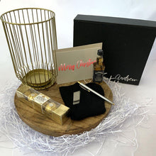 Load image into Gallery viewer, Black gift box, shot glass, alcohol, stainless steel money clip, stainless steel two toned pen, black bamboo socks, ferrero Rocher chocolates, personalised greeting card