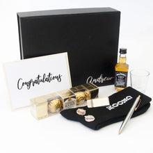 Load image into Gallery viewer, Personalsied Black gift box, personalised spirit glass, black groom socks, two toned biro, stainless steel money clip, ferrero rocher chocolates, cufflinks, personalised gift card