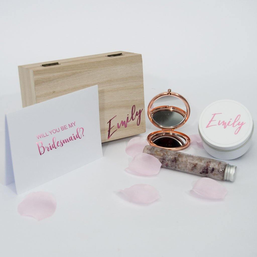timber bridesmaid box with name rose gold mirror, soy candle , custom card bath salts
