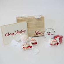 Load image into Gallery viewer, Personalised Timber Gift Box, Personalised tin candle, red bath pearls, Raffaello Chocolates, Personalised Christmas card
