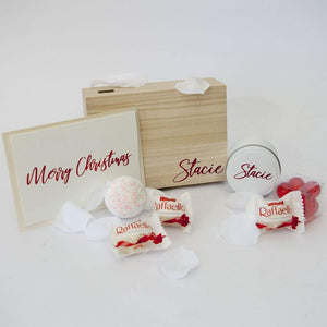 Personalised Timber Gift Box, Personalised tin candle, red bath pearls, Raffaello Chocolates, Personalised Christmas card