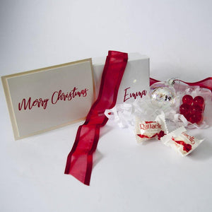 White personalised gift box, Personalised Gift Card, Personalised Bauble, Red bath pearls, Raffaello chocolates.