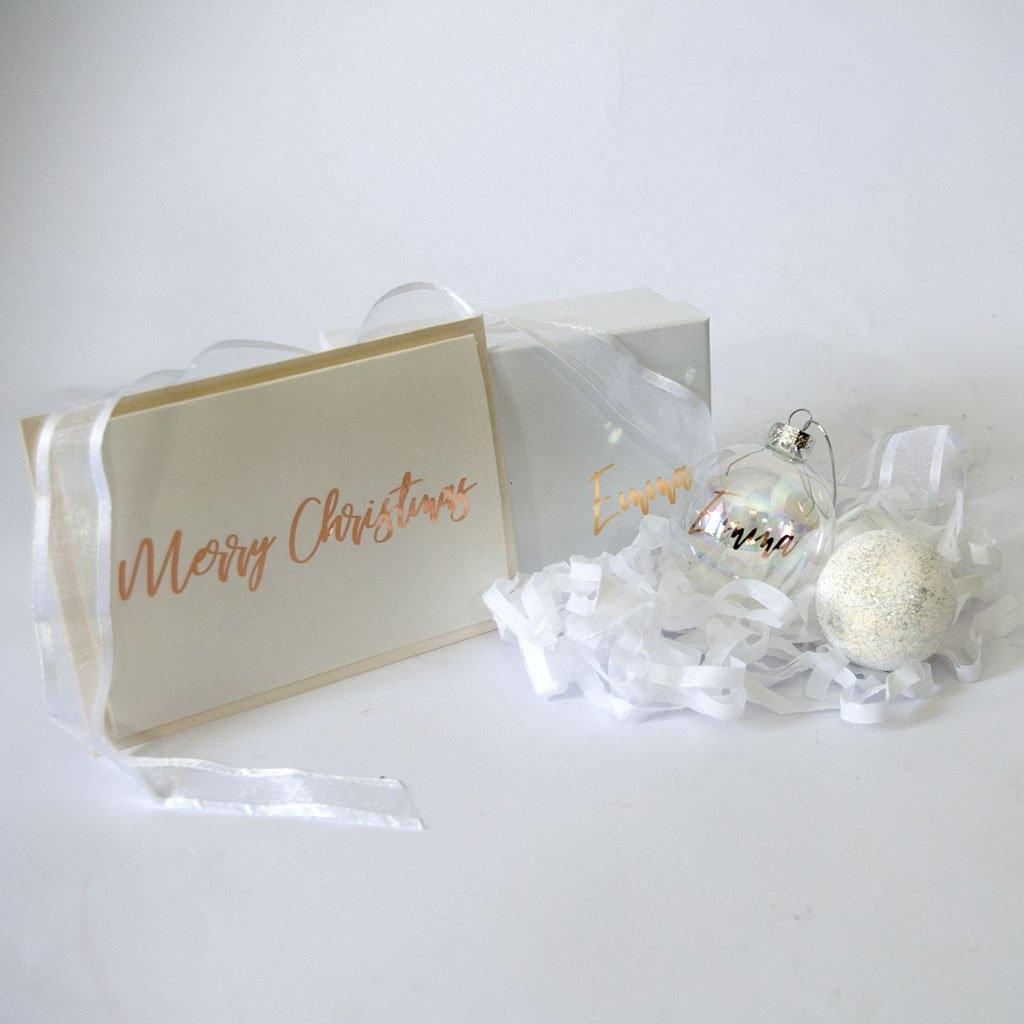 White Personalised Gift Box, Personlaised Christmas Bauble, Holographic shimmer Bath Fizzy