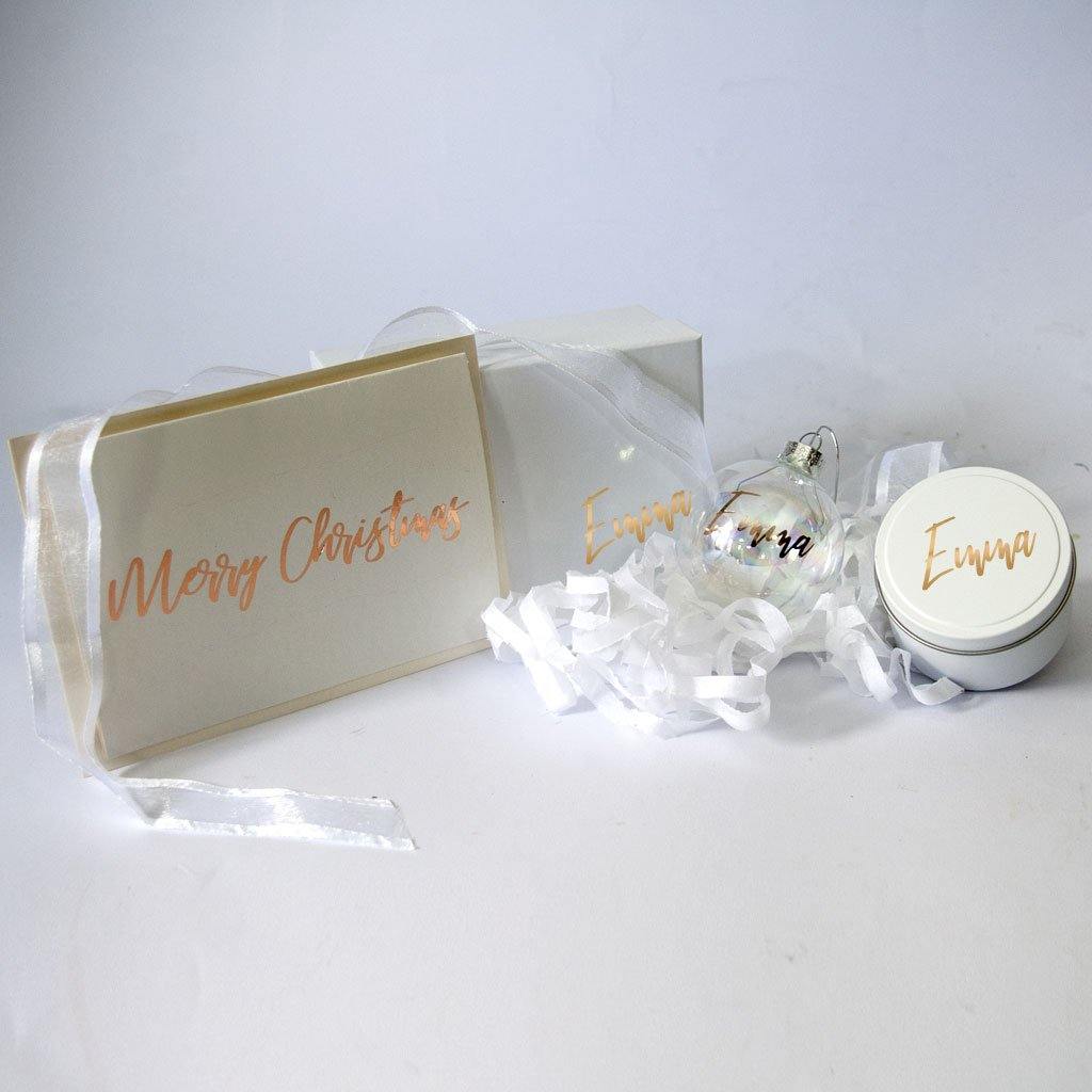 Small white and gold personalised Christmas Gift Box, personalised Christmas Bauble and Personalised tine candle, personalised Christmas Card