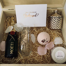 Load image into Gallery viewer, Timber Bridesmaid Box, Personalised stemless Wine glass, Moet, Rose Shea Bath Fizzy, Rose Bath salts, Rose Gold soy candle, Personalised Greeting Card