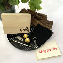 Load image into Gallery viewer, Timber Gift Box, Black Bamboo Socks, Stainless steel teo toned pen, stainless steel money clip, stainless steel dad key ring. ferrero rocher, personalised gift card