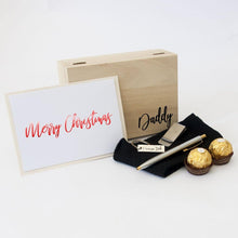 Load image into Gallery viewer, Timber Gift Box, Black Bamboo Socks, Stainless steel teo toned pen, stainless steel money clip, stainless steel dad key ring. ferrero rocher, personalised gift card