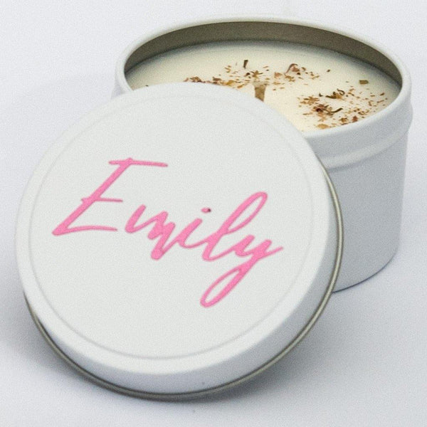 Soy candle in a tin with name